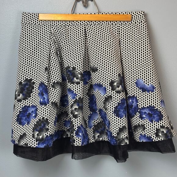 Express Floral Dot Full Circle Mini Skirt Blue Black Skater Whimsygoth Size 12 - Picture 1 of 9